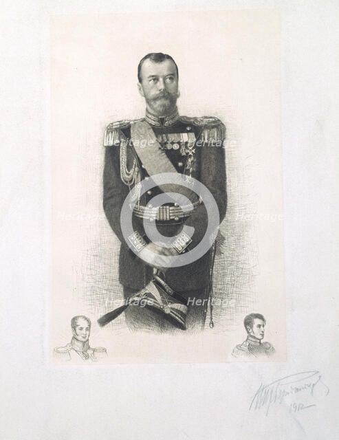 Portrait of Emperor Nicholas II with Remarque-Portraits of Emperors Alexander I and Nicholas I, 1912 Creator: Rundaltsov, Mikhail Viktorovich (1871-1935).