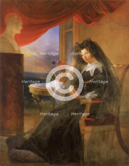 Portrait of Empress Elizabeth Alexeievna (1779-1826) in Mourning Dress, 1831. Artist: Basin, Pyotr Vasilyevich (1793-1877)