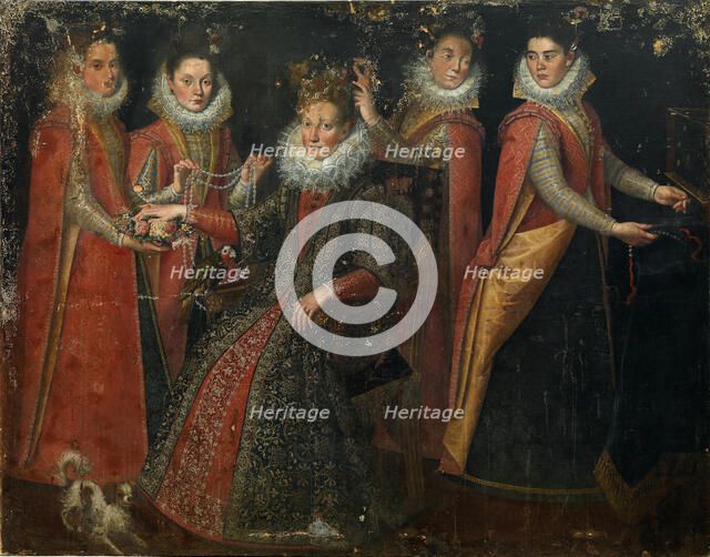 Portrait of five women with a dog and parrot, .
