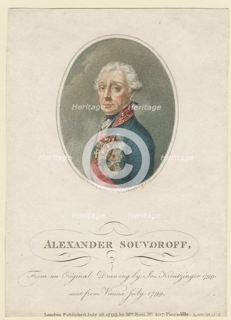 Portrait of Field Marshal Generalissimo Prince Alexander Suvorov (1729–1800), 1799. Artist: Kreuzinger, Josef (1757-1829)