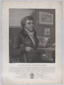 Portrait of Francesco Bartolozzi, seated, holding a magnifying glass with printmaking tool..., 1827. Creators: Luigi Rados, Roberto Focosi
