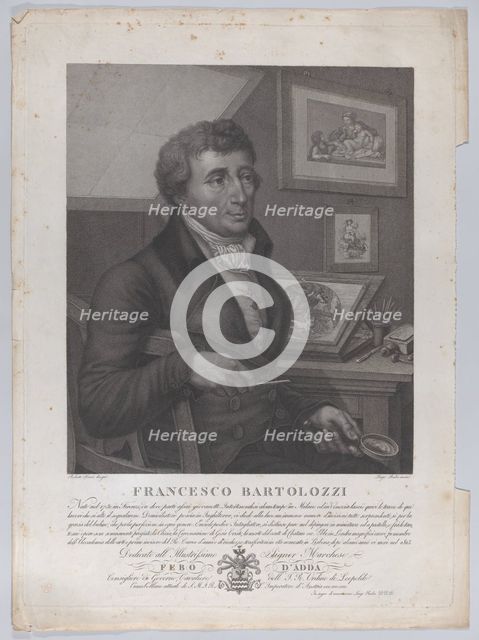 Portrait of Francesco Bartolozzi, seated, holding a magnifying glass with printmaking tool..., 1827. Creators: Luigi Rados, Roberto Focosi.