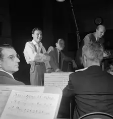 Portrait of Frank Sinatra and Axel Stordahl, Liederkrantz Hall, New York, N.Y., ca. 1947. Creator: William Paul Gottlieb