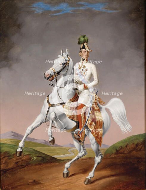 Portrait of Franz Joseph I of Austria on horseback, 1855. Artist: König, Lilly (1799-?)