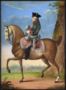 Portrait of Frederick II of Prussia (1712-1786) on horseback, 1777. Creator: Chodowiecki, Daniel Nikolaus (1726-1801)