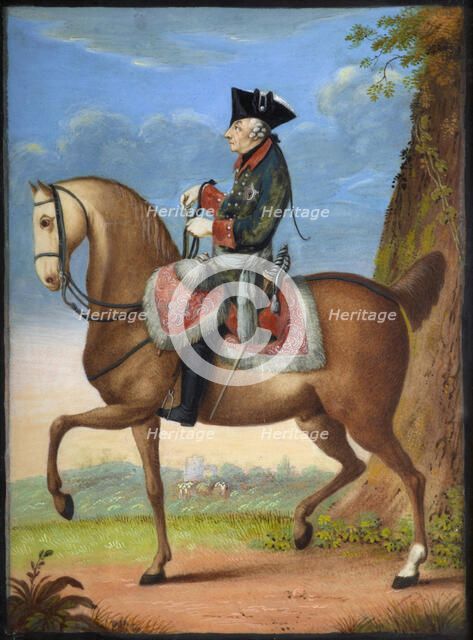 Portrait of Frederick II of Prussia (1712-1786) on horseback, 1777. Creator: Chodowiecki, Daniel Nikolaus (1726-1801).