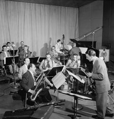 Portrait of Hank D'Amico, Spots Esposito, Bobby Hackett...Museum of Modern...ABC studio, N.Y., 1947. Creator: William Paul Gottlieb