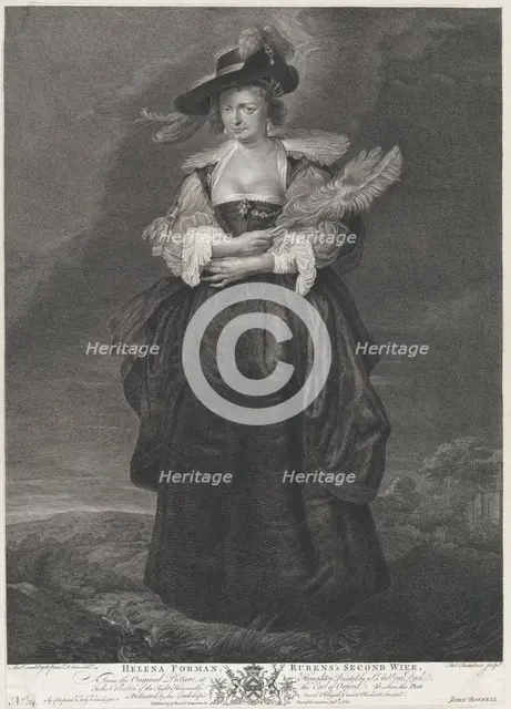 Portrait of Helena Fourment, Rubens' second wife, wearing a fur coat over her shoulders, 1767. Creators: Richard Earlom, T Chambars.