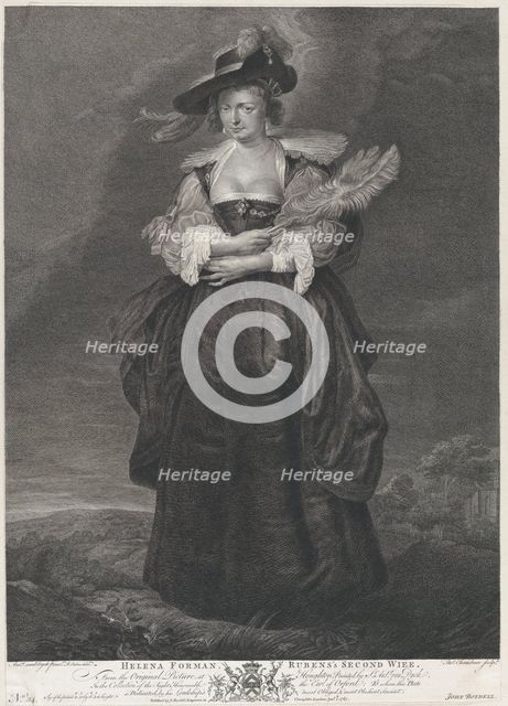 Portrait of Helena Fourment, Rubens' second wife, wearing a fur coat over her shoulders, 1767. Creators: Richard Earlom, T Chambars.