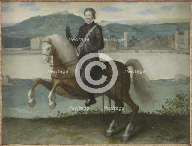 Portrait of Henri IV (1553-1610), King of France, on horseback in front of Paris, c1595. Creator: Unknown.
