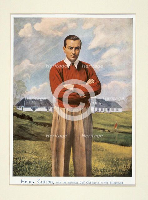 Portrait of Henry Cotton (1907-87), with Ashridge golf club in background, c1940s. Artist: Unknown