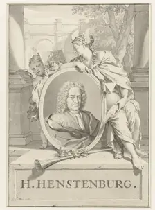 Portrait of Herman Henstenburgh in an oval frame, held by female figure and putto, 1683-1746. Creator: Nicolaas Verkolje