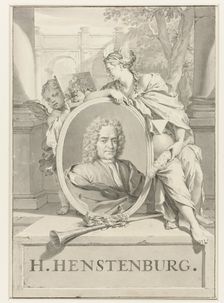 Portrait of Herman Henstenburgh in an oval frame, held by female figure and putto, 1683-1746. Creator: Nicolaas Verkolje