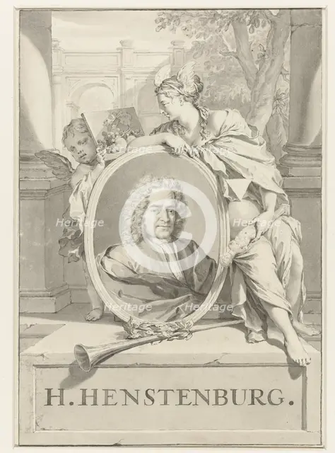Portrait of Herman Henstenburgh in an oval frame, held by female figure and putto, 1683-1746. Creator: Nicolaas Verkolje.