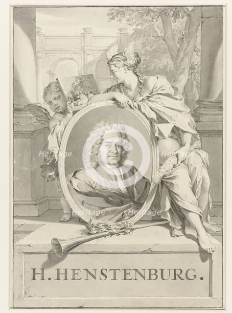 Portrait of Herman Henstenburgh in an oval frame, held by female figure and putto, 1683-1746. Creator: Nicolaas Verkolje.