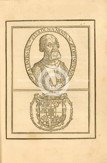 Portrait of Hernán Cortés (1485-1547) with his coat of arms, 1588. Creator: Anonymous.