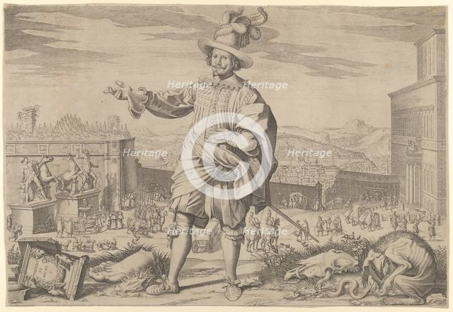 Portrait of Ioannes Altus (Johann Alten), of the Swiss Guard, standing by the Quirinal and..., 1623. Creator: Francesco Villamena.