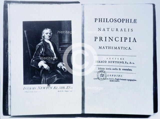 Portrait of Isaac Newton in an edition of his book 'Mathematical Principles of Natural Philosophy…
