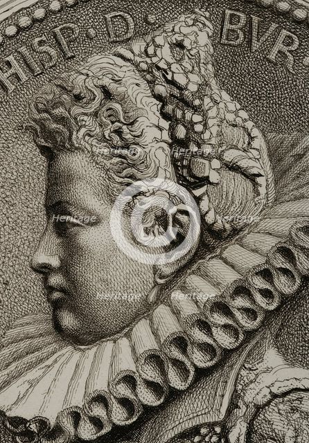 Portrait of Isabella Clara Eugenia (1566-1633), 1879. Creators: Alphonse Charles Masson, Magin Pujadas.