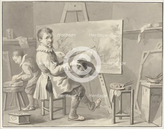 Portrait of Joost Corneliszn. Droochsloot in his studio sitting behind an easel with..., 1780-1848. Creator: Martinus Schouman.