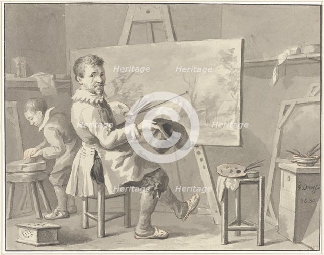 Portrait of Joost Corneliszn. Droochsloot in his studio sitting behind an easel with..., 1780-1848. Creator: Martinus Schouman.