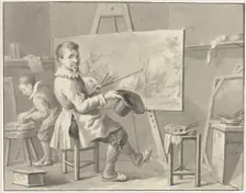 Portrait of Joost Corneliszn. Droochsloot in his studio sitting behind an easel with..., 1780-1848. Creator: Martinus Schouman