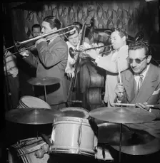 Portrait of Jack Teagarden, Jack Lesberg, and Max Kaminsky, Famous Door, New York, N.Y., 1947. Creator: William Paul Gottlieb