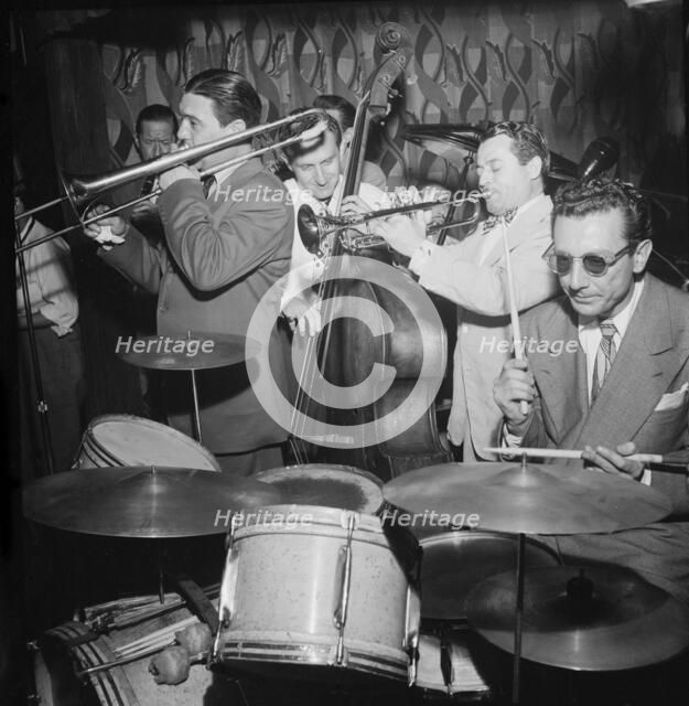 Portrait of Jack Teagarden, Jack Lesberg, and Max Kaminsky, Famous Door, New York, N.Y., 1947. Creator: William Paul Gottlieb.