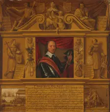 Portrait of Oliver Cromwell, in a Frame with Allegorical Figures and Historical Rep..., c.1650. Creator: Anon