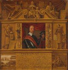 Portrait of Oliver Cromwell, in a Frame with Allegorical Figures and Historical Rep..., c.1650. Creator: Anon