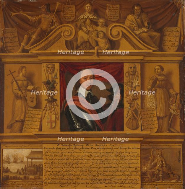Portrait of Oliver Cromwell, in a Frame with Allegorical Figures and Historical Rep..., c.1650. Creator: Anon.