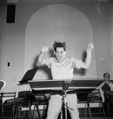 Portrait of Leonard Bernstein, Carnegie Hall, New York, N.Y., 1946. Creator: William Paul Gottlieb