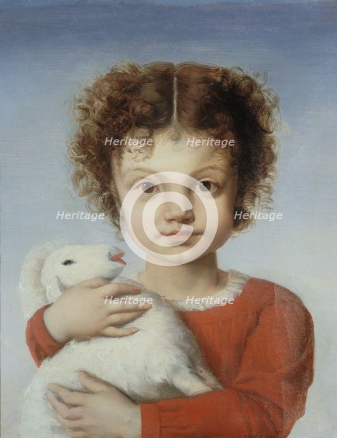 Portrait of Lina Calamatta as a child, with a lamb in her arms, 1848. Creator: Josephine Calamatta.