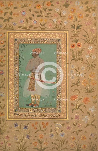 Portrait of Maharaja Bhim Kanwar, Folio from the Shah Jahan Album, verso: ca. 1615-29. Creators: Mir 'Ali Haravi, Nanha.