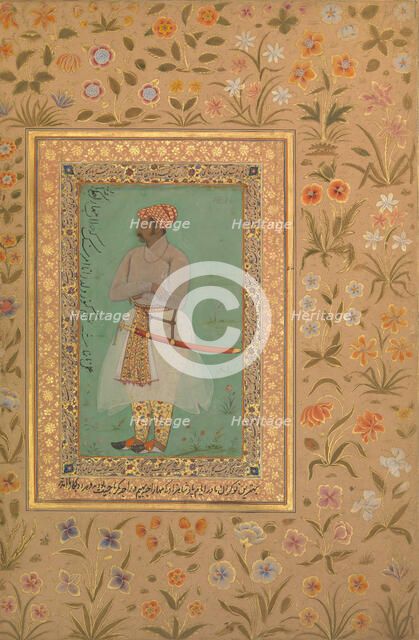 Portrait of Maharaja Bhim Kanwar, Folio from the Shah Jahan Album, verso: ca. 1615-29. Creators: Mir 'Ali Haravi, Nanha.