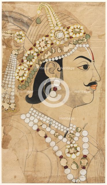 Portrait of Maharaja Pratap Singh (1764-1803), c. 1793. Creator: Sahib Ram (Indian, active 1745-1803), attributed to.