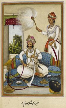 Portrait of Maharana Javan Singh of Udaipur (r.1828-1838), smoking a hookah, 1830. Creator: Anon