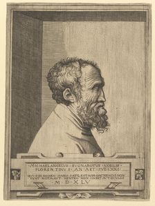 Portrait of Michelangelo in profile facing right set within a recess, 1545. Creator: Unknown