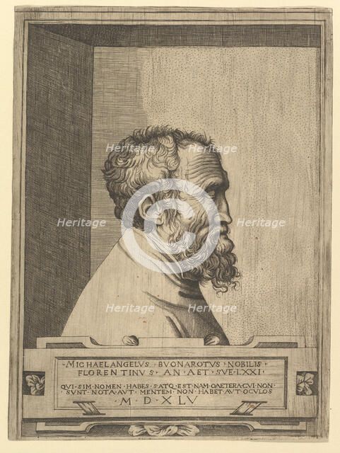 Portrait of Michelangelo in profile facing right set within a recess, 1545. Creator: Unknown.