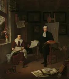 Portrait of Michiel Comans (1614-1687), calligrapher, etcher, painter and schoolmaster, with his thi Creator: Michiel van Musscher