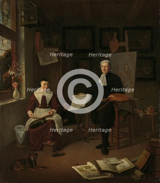 Portrait of Michiel Comans (1614-1687), calligrapher, etcher, painter and schoolmaster, with his thi Creator: Michiel van Musscher.