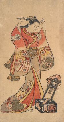 Portrait of Sanjo Kantaro in the Female Role of Yaoya Oshichi in the Play "Fuji no ..., ca. 1730-40. Creator: Attributed to Torii Kiyomasu II