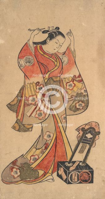 Portrait of Sanjo Kantaro in the Female Role of Yaoya Oshichi in the Play "Fuji no ..., ca. 1730-40. Creator: Attributed to Torii Kiyomasu II.
