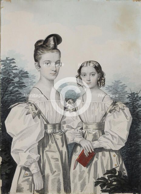 Portrait of Sisters Anna Petrovna (1822-1905) and Elena Petrovna (1824-1860) Ushakov, 1830s. Creator: Hampeln, Carl, von (1794-after 1880).