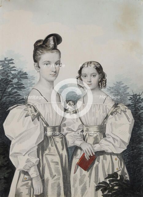 Portrait of Sisters Anna Petrovna (1822-1905) and Elena Petrovna (1824-1860) Ushakov, 1830s. Creator: Hampeln, Carl, von (1794-after 1880).