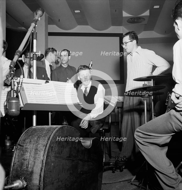 Portrait of Stan Kenton, Pete Rugolo, and Harry Forbes, Capitol studio, ca. Jan. 1947. Creator: William Paul Gottlieb.
