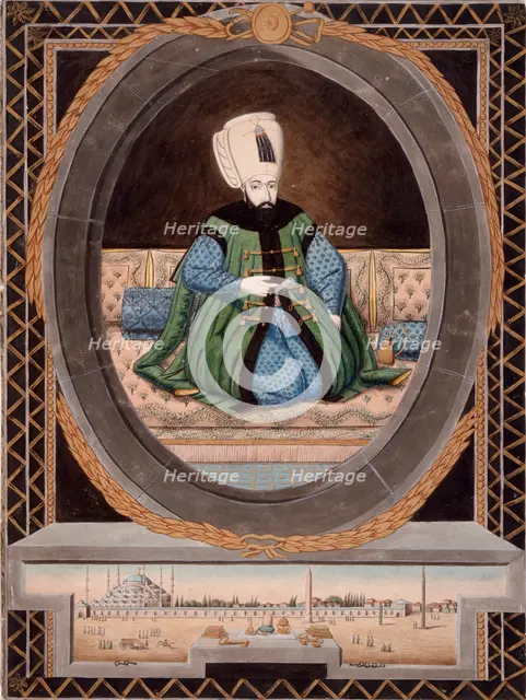Portrait of Sultan Ahmet I (1603-1617), Above a View of the Hippodrome and the "Blue Mosque"...c1805 Creator: Unknown.