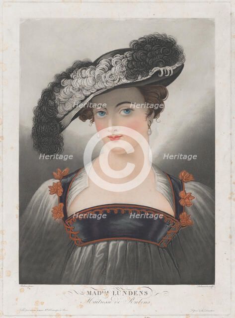 Portrait of Susanna Lunden, wearing wide-brimmed hat with feathers, ca. 1809-35.. Creator: Philibert Louis Debucourt.