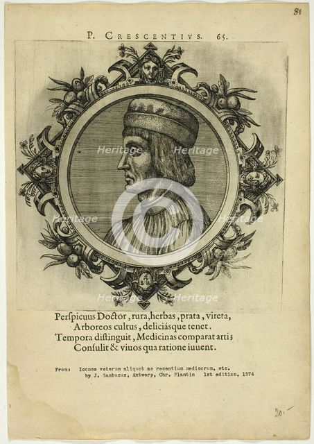Portrait of P. Crescentius, published 1574. Creators: Unknown, Johannes Sambucus.