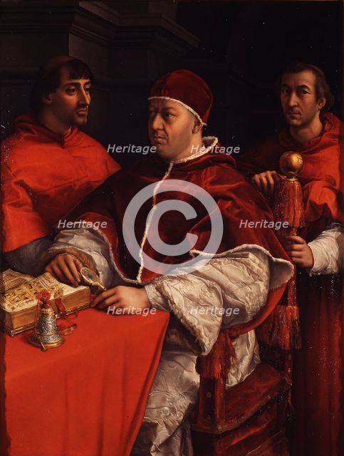 Portrait of Pope Leo X with Cardinals Giulio de' Medici and Luigi de' Rossi, ca 1518. Artist: Raphael (1483-1520)